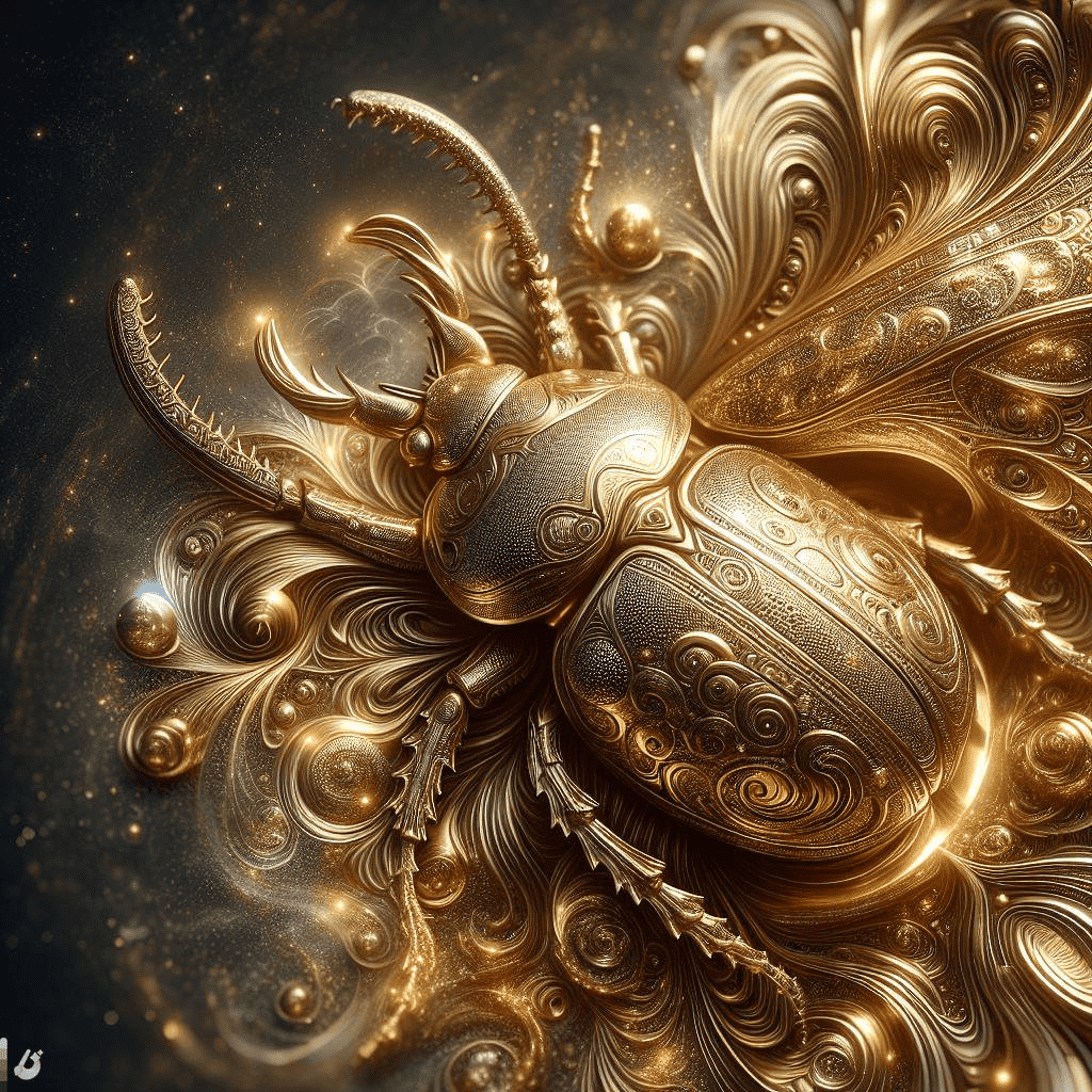 Escarabajo dorado: símbolo de transformación, fuerza y creación desde la sombra. Inspiración para pensar el arte como un acto de alquimia desde lo residual.