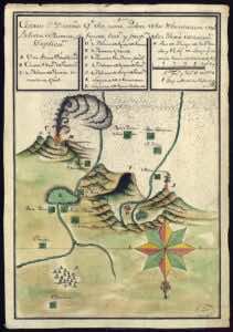 Dibujo del volcán de Pacaya (Guatemala) en erupción, y de los territorios adyacentes.Archivo General de Indias (Sevilla, España) .