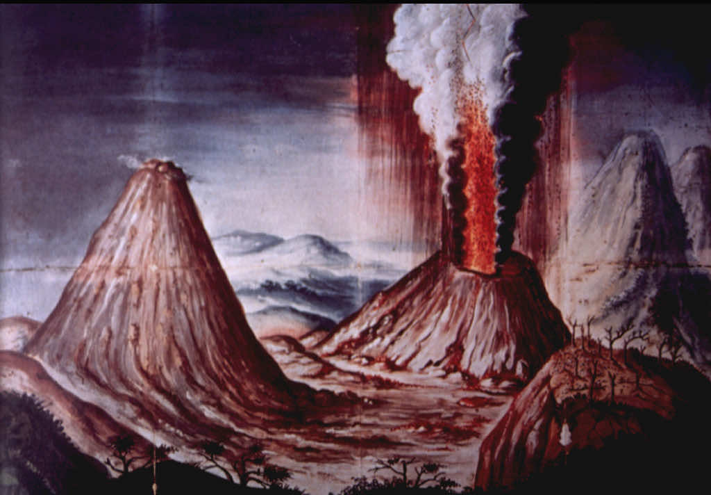 Erupción del volcán Pacaya en 1775. Pintura contemporánea que muestra la fuente de lava y la columna de ceniza elevándose sobre el Cerro Chino. La perspectiva es desde la Meseta, en el borde noreste de la gran caldera del Pacaya. A la izquierda aparece el cono MacKenney y, al extremo derecho, el Volcán de Agua. La erupción, una de las más grandes en la historia del Pacaya, comenzó el 1 de julio de 1775 y provocó una extensa caída de ceniza y un flujo de lava.