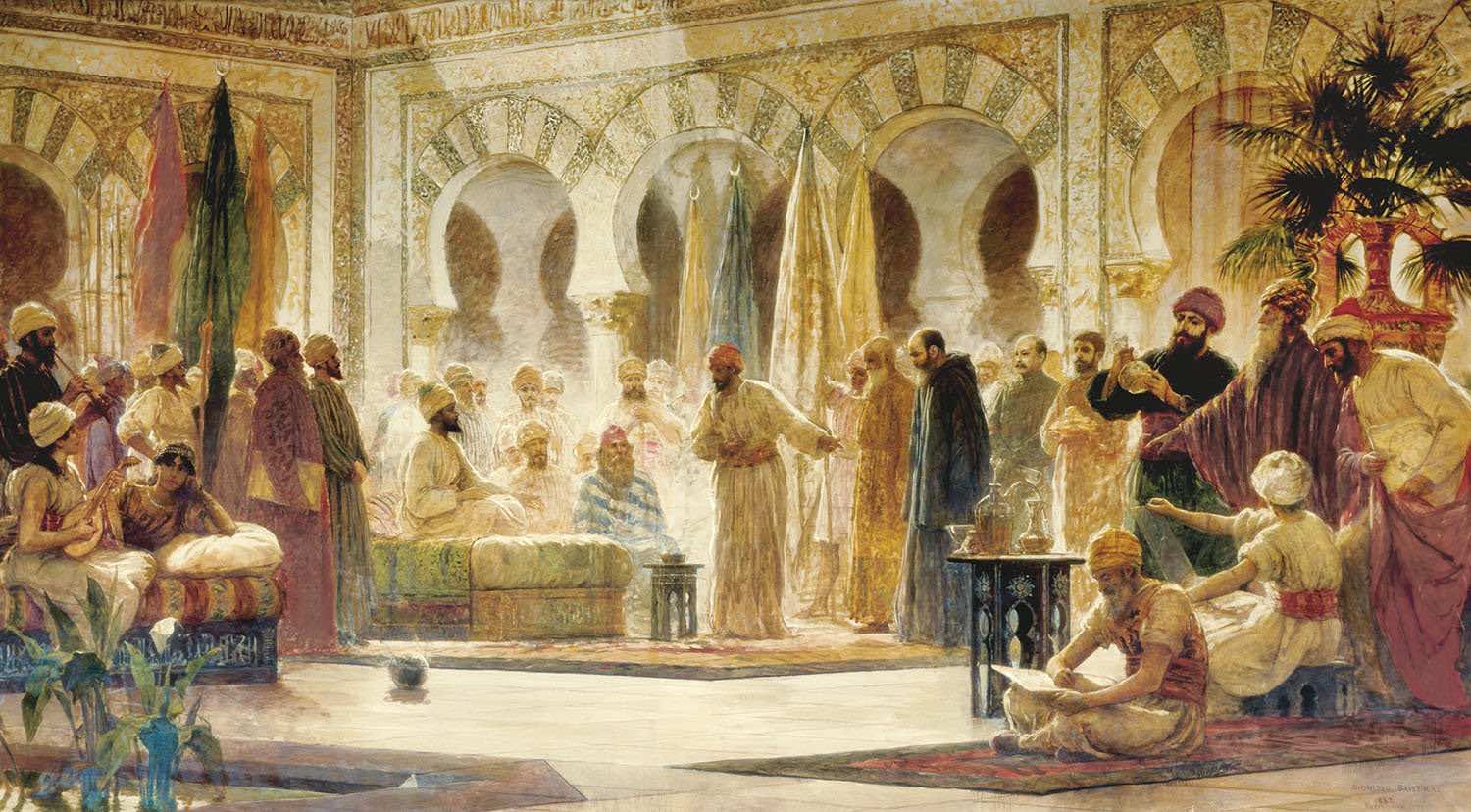 “Abd al-Rahman III”, detalle de la pintura de Dionisio Baixeras i Verdaguer (1862-1943). La obra, enmarcada en el orientalismo historicista del siglo XIX, recrea la fastuosidad de la corte omeya de Córdoba. Sus arcos de herradura, motivos epigráficos y atmósfera cortesana evocan la memoria de al-Ándalus y el esplendor que inspiró, siglos después, el mito de la Alhambra.