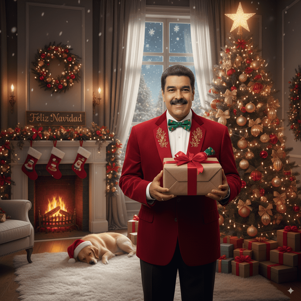 Imagen digital generada de Nicolás Maduro en un decorado navideño, utilizada como metáfora de su decisión de adelantar las fiestas al 1 de octubre.
